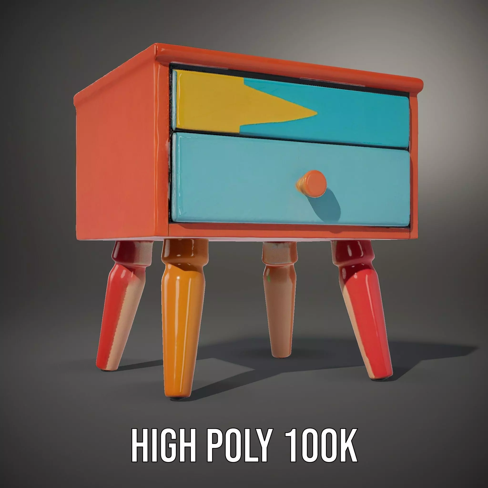 Colorful Retro Nightstand Model Pack with Two Drawers Low-poly 3D model_11
