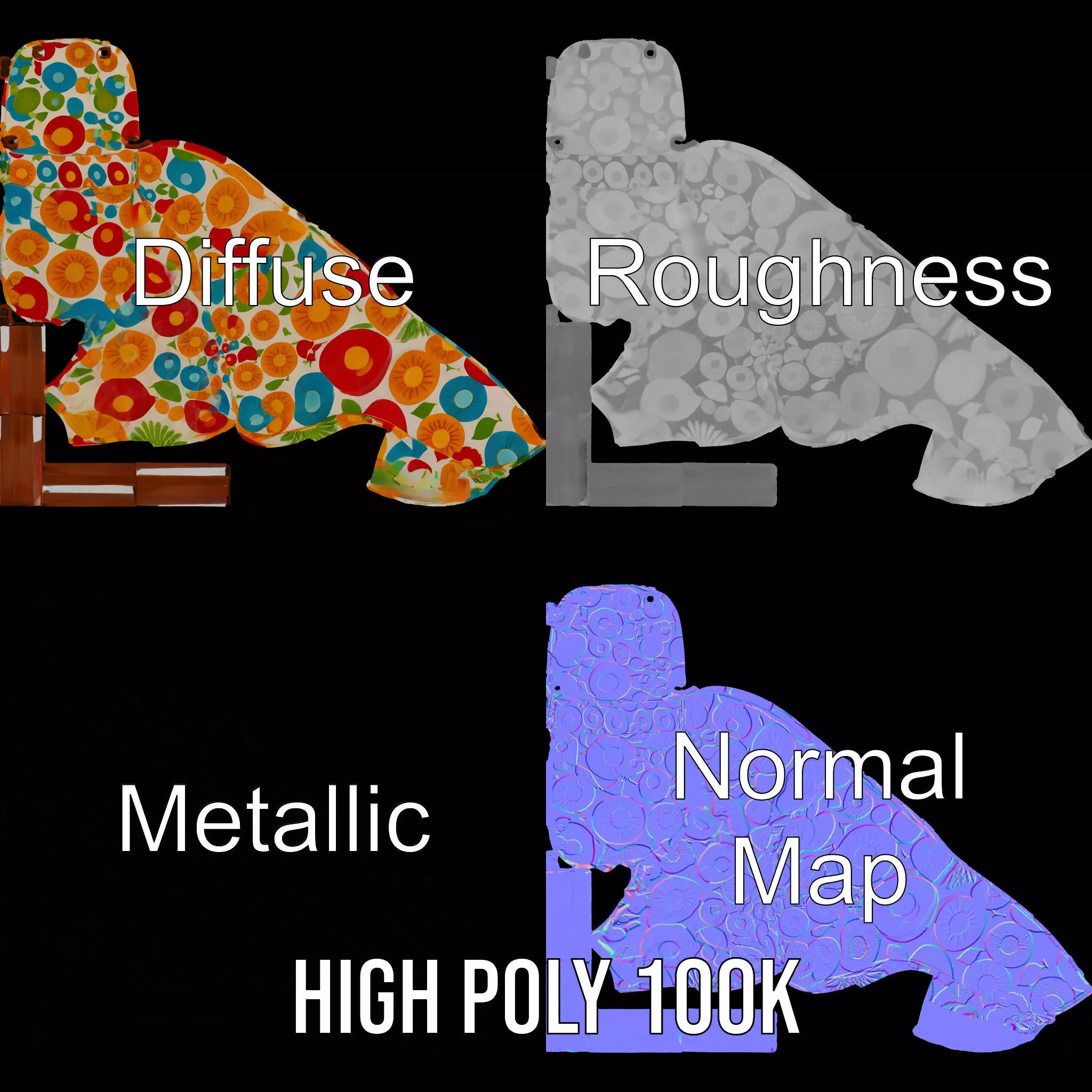 Colorful Floral Patterned Chair Model Pack Low-poly 3D model_3