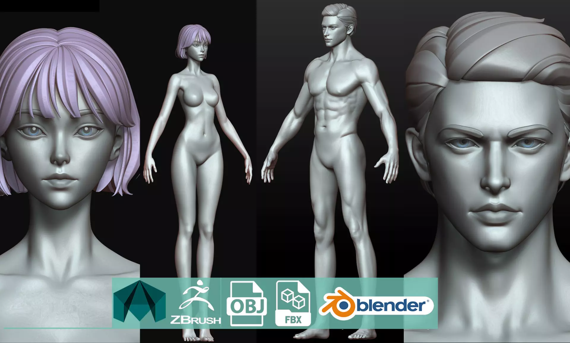 Rigged Fantasy girl man male Base female anatomy base mesh 3D model_0