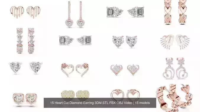 15 Heart Cut Diamond Earring 3DM STL FBX OBJ Video 3D Model Collection