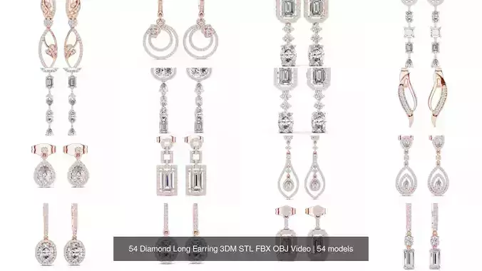 54 Diamond Long Earring 3DM STL FBX OBJ Video 3D Model Collection