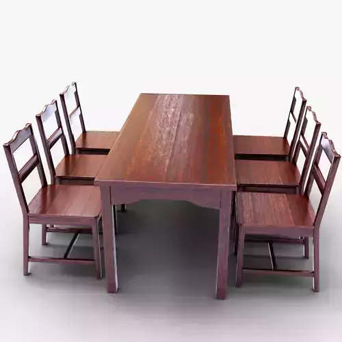 Dark Wooden Dining Table Set with 6 Chairs Realistic 3D Model