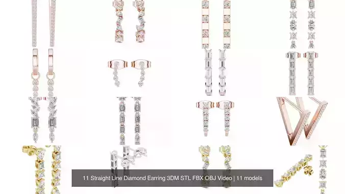 11 Straight Line Diamond Earring 3DM STL FBX OBJ Video 3D Model Collection