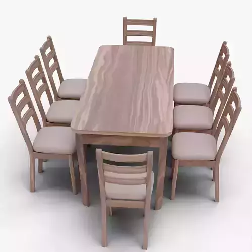 Light Wooden Dining Table Set with 8 Chairs Realistic 3D Model