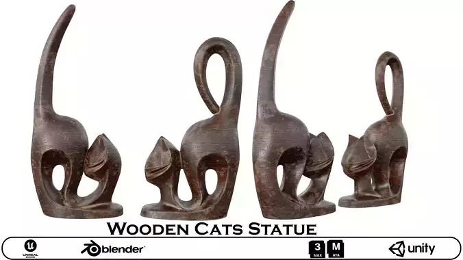 Wooden Cats Statue  Hand-Carved Animal Sculpture