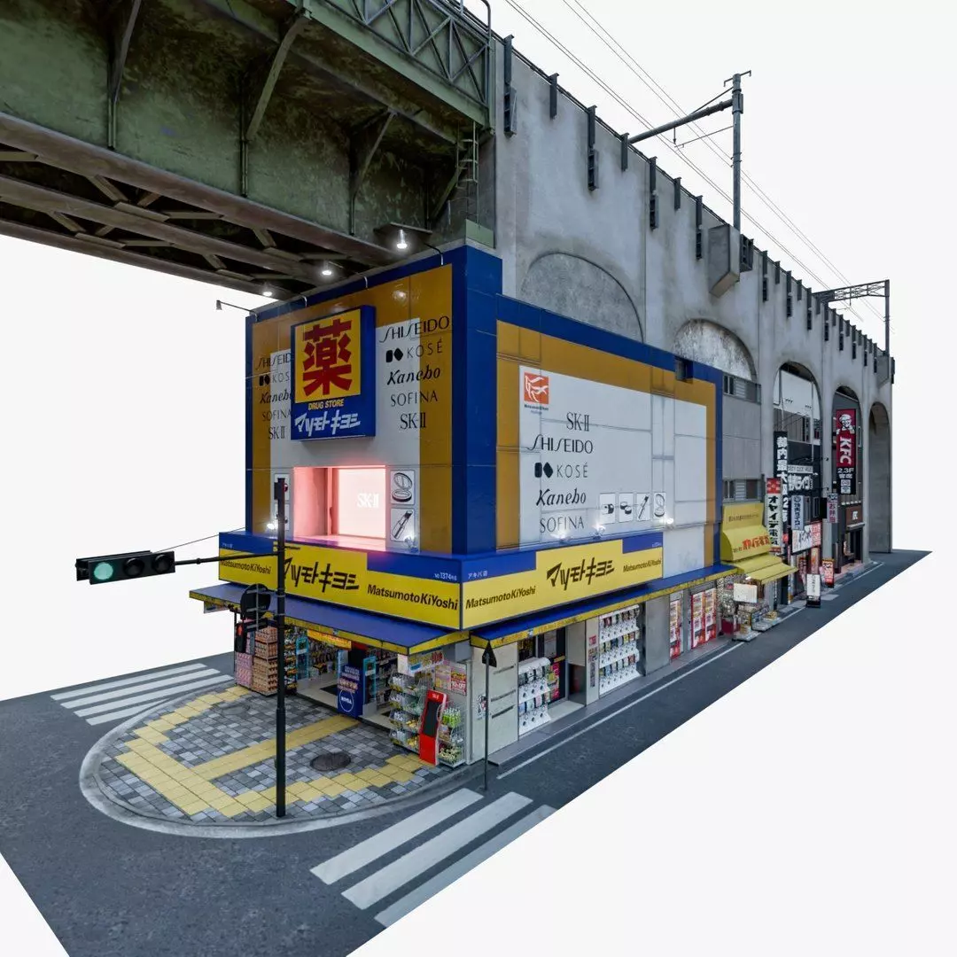 Akihabara Tokyo Street with Buildings and Sidewalk Low-poly 3D model_0