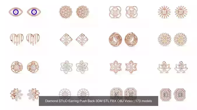 173 Diamond STUD Earring Push Back 3DM STL FBX OBJ Video 3D Model Collection