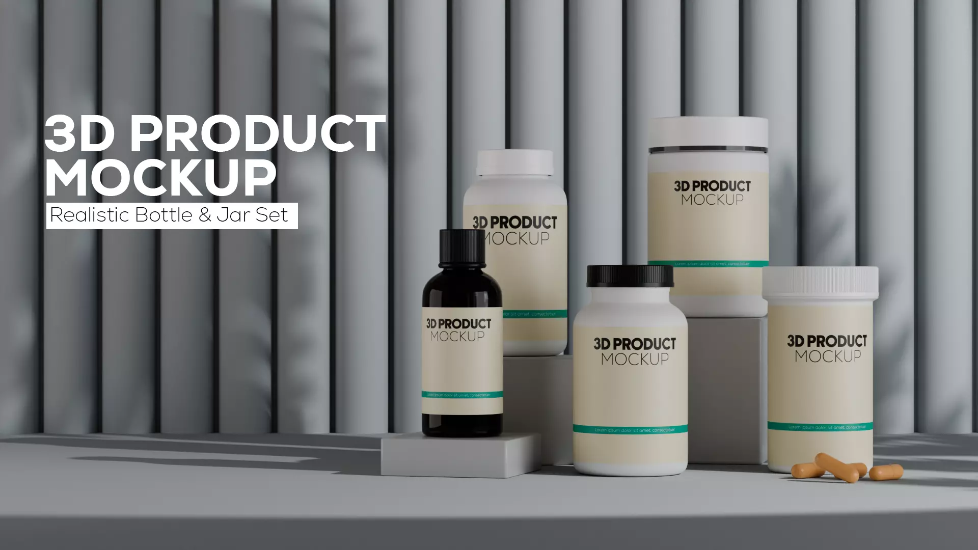 Realistic Supplement Bottle and Jar 3D Mockup 3D model_0