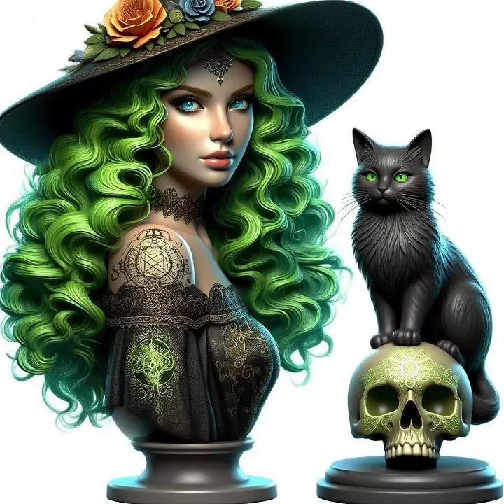1933Green Haired Witch Bust with Cat and Skull 3D print model