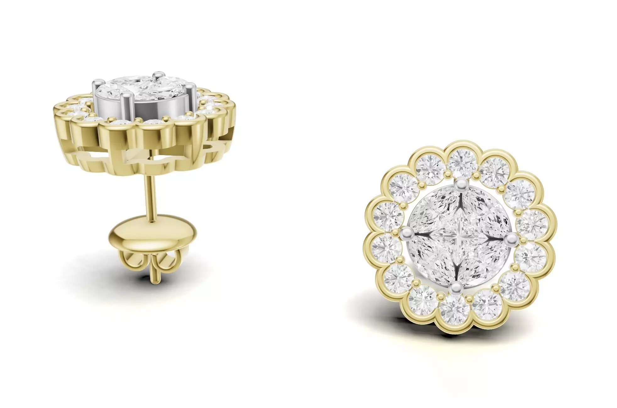 Flower-Inspired Diamond Earrings with Diamond Cluster 3D print model