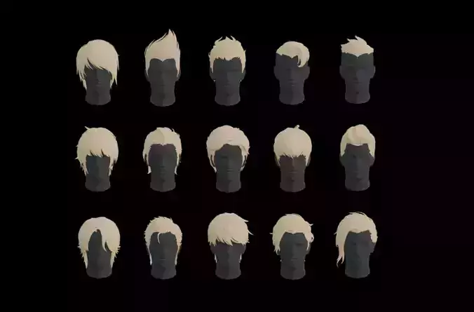 15 male anime stylised hair  low poly 3d model Low-poly 3D model