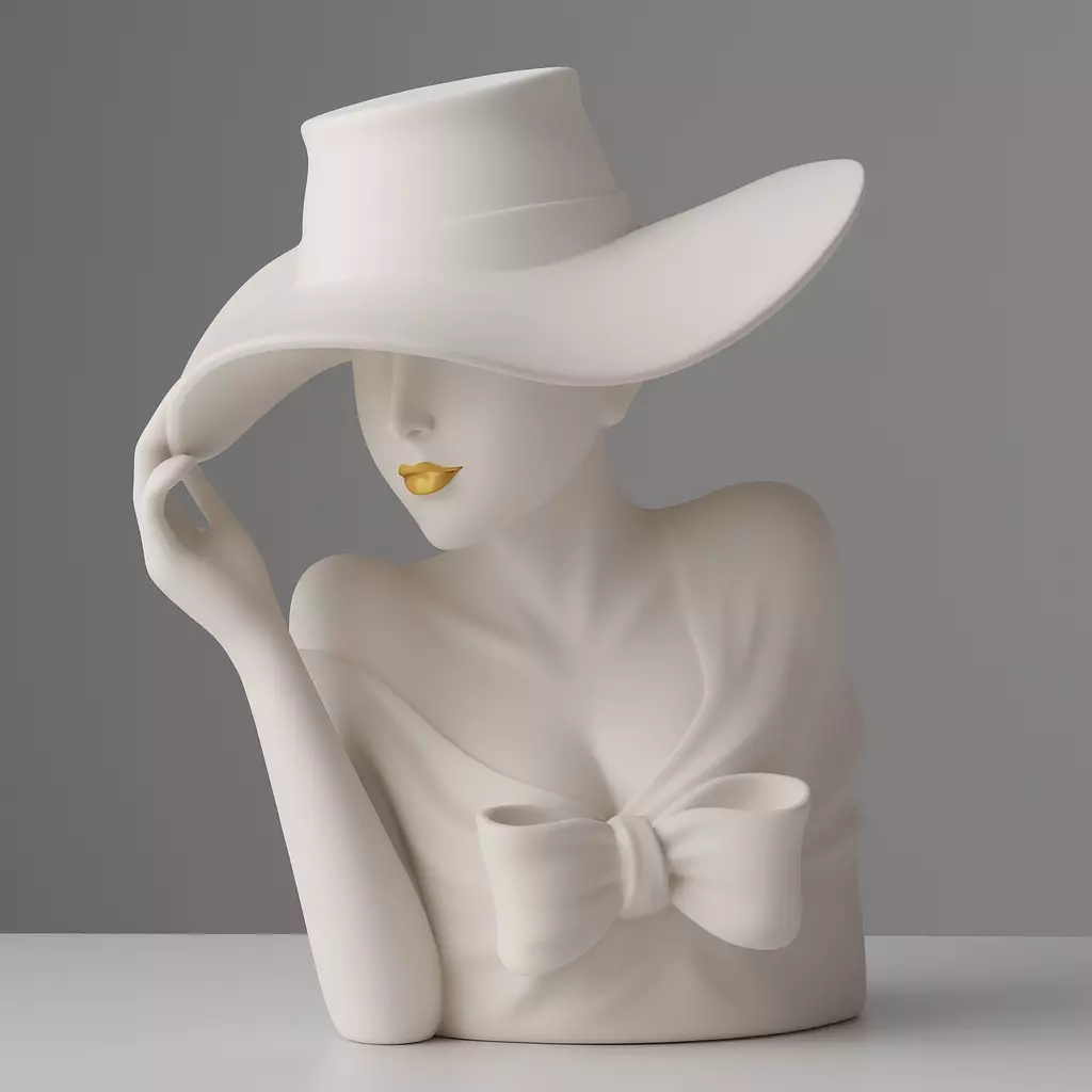 Elegant Woman Planter Sculpture Lady with Hat Flower Pot  3D print model_7