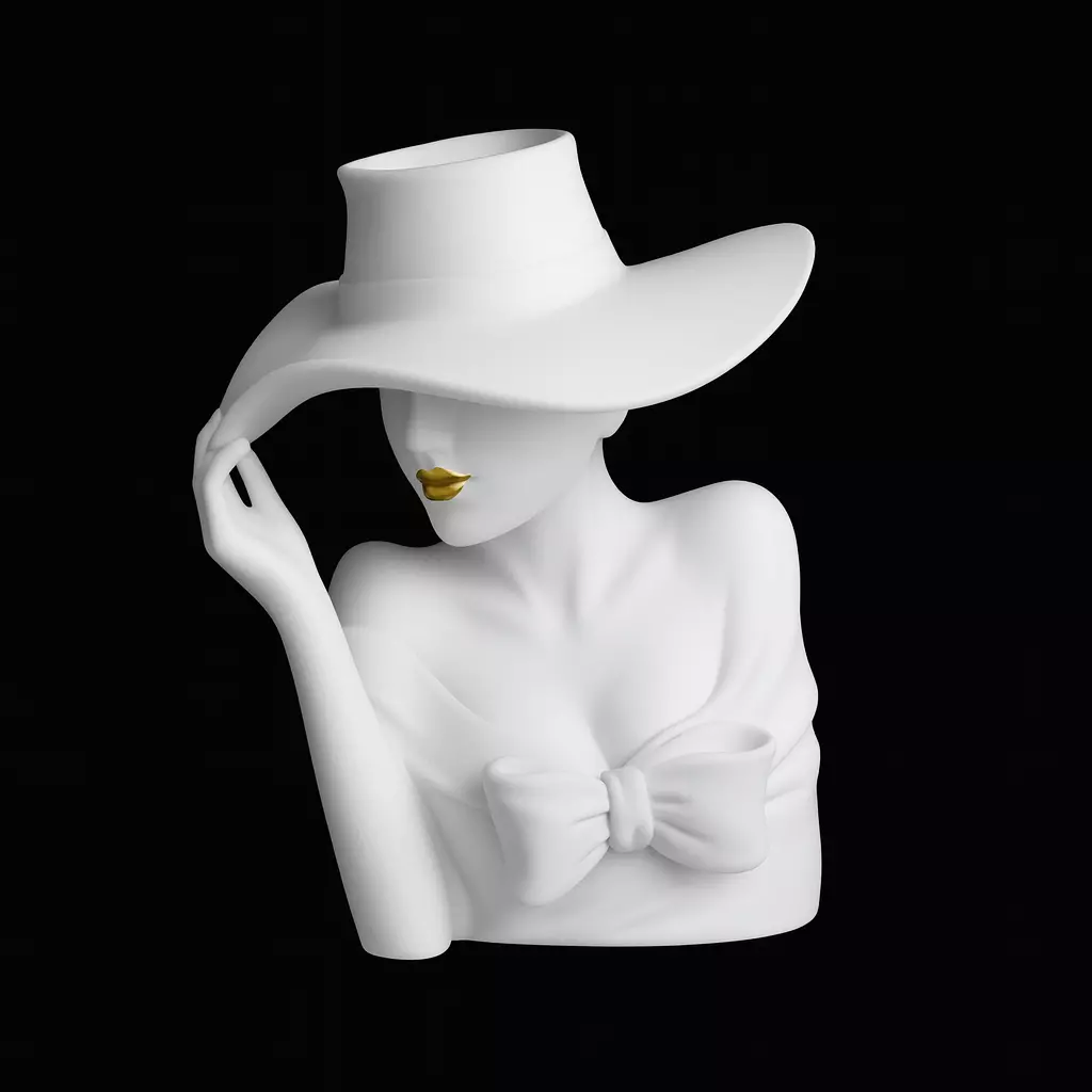 Elegant Woman Planter Sculpture Lady with Hat Flower Pot  3D print model_6