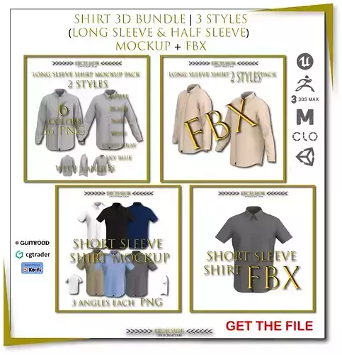  Shirt 3D Bundle 3 Styles  Long Sleeve  Half Sleeve  Mockup  FBX
