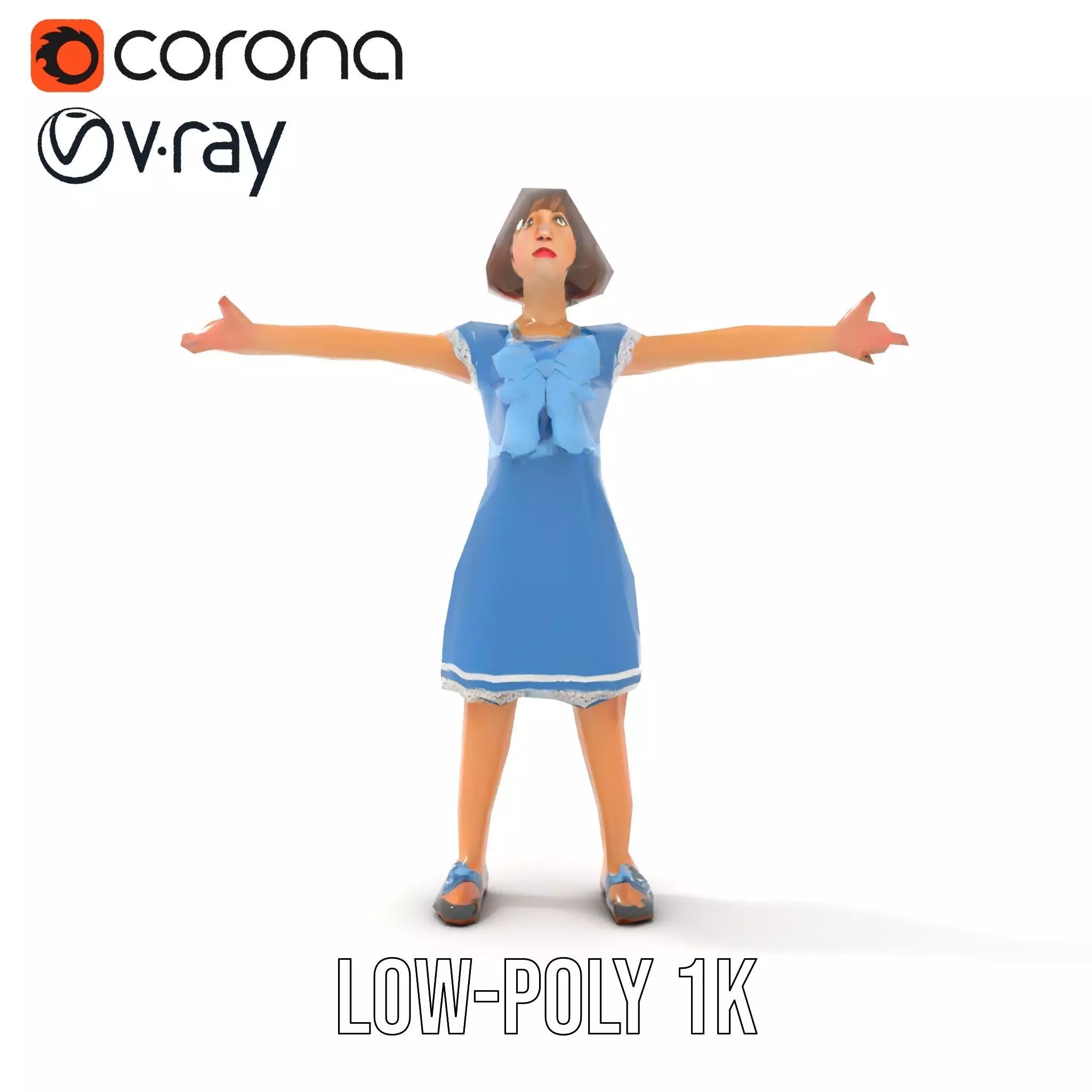 Girl in Blue Dress with Bow Model Pack Low-poly 3D model_9
