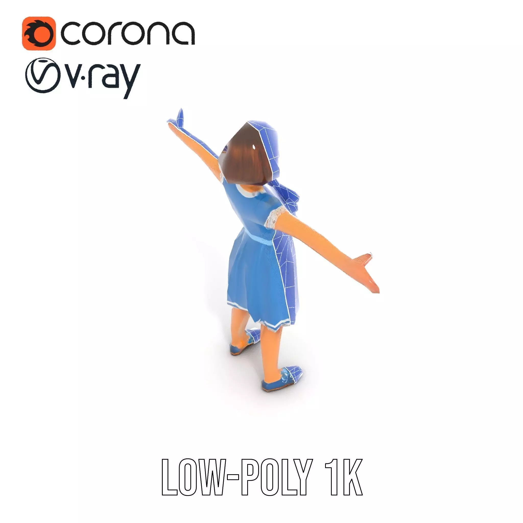 Girl in Blue Dress with Bow Model Pack Low-poly 3D model_28
