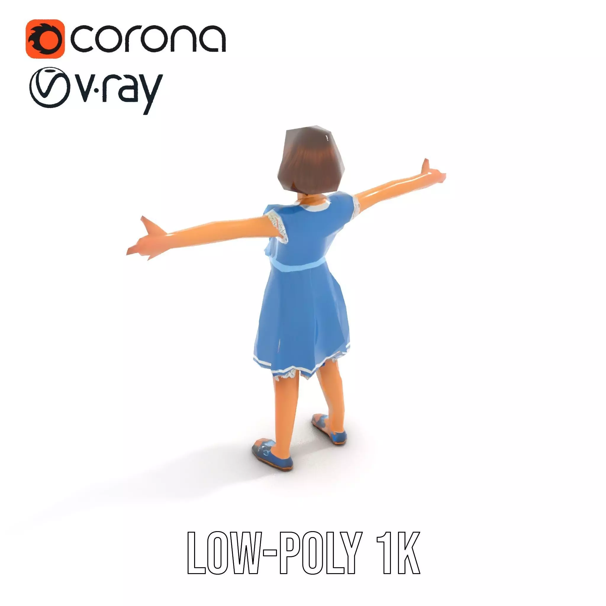 Girl in Blue Dress with Bow Model Pack Low-poly 3D model_8