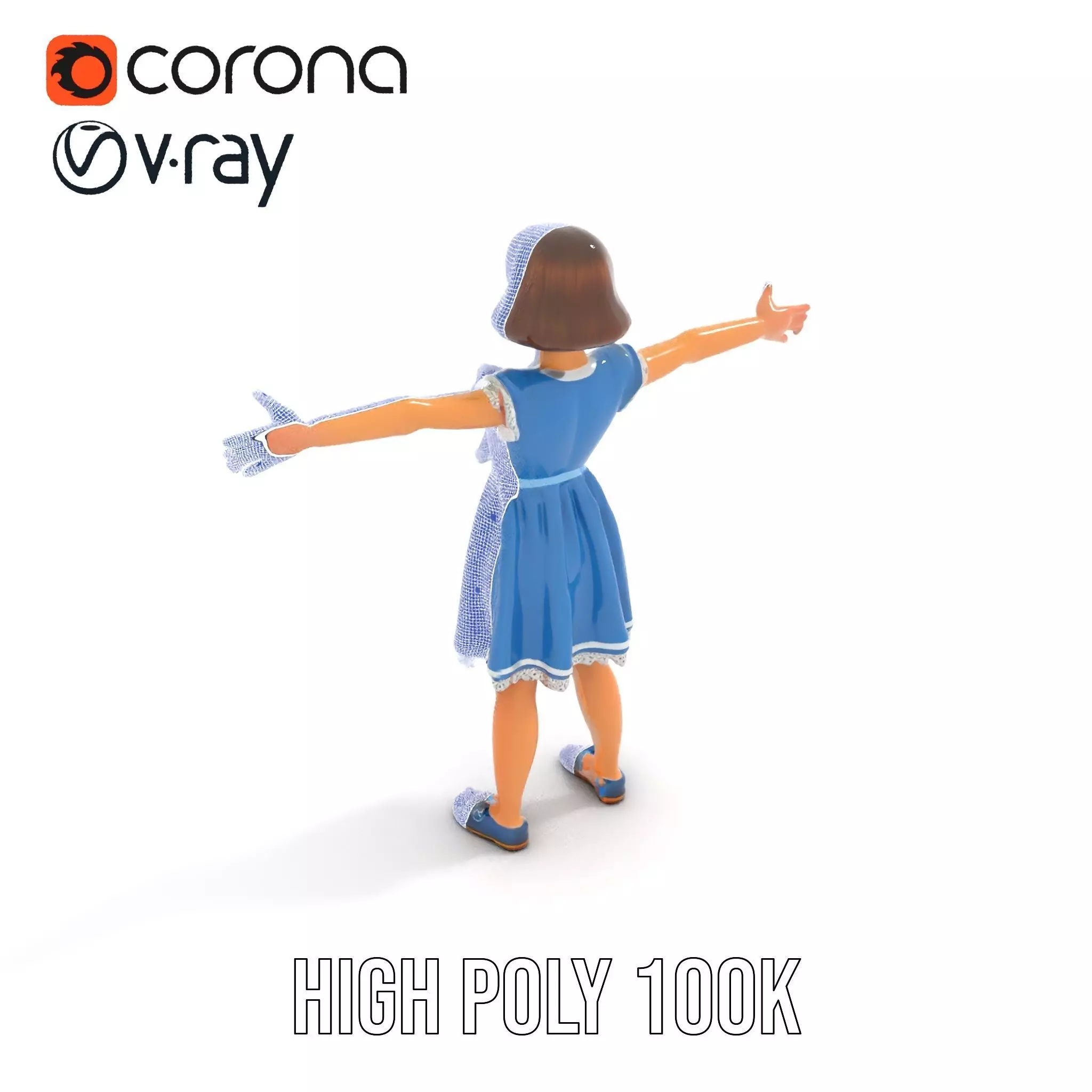 Girl in Blue Dress with Bow Model Pack Low-poly 3D model_15