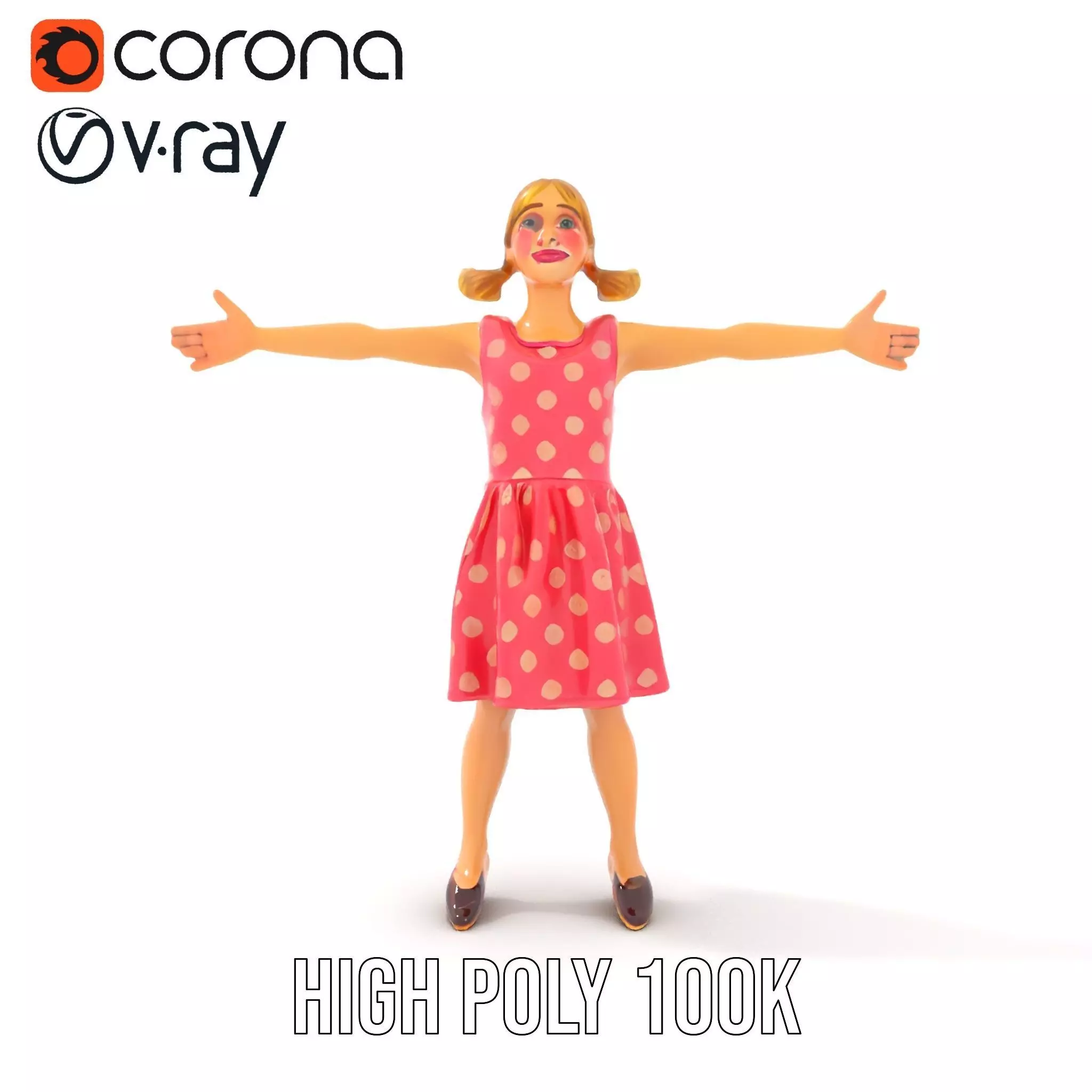 Child Character Model Pack with Pink Polka Dot Dress Low-poly 3D model_10