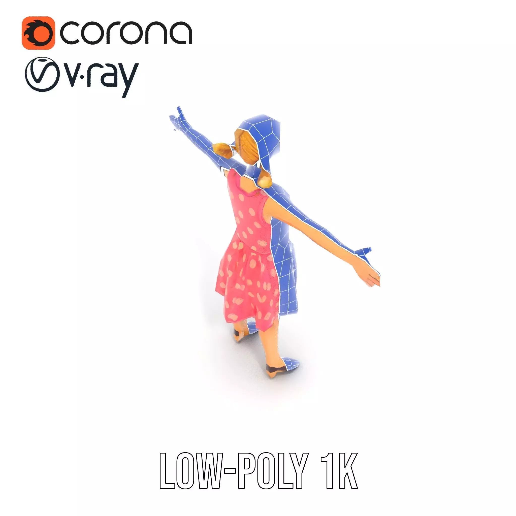 Child Character Model Pack with Pink Polka Dot Dress Low-poly 3D model_23