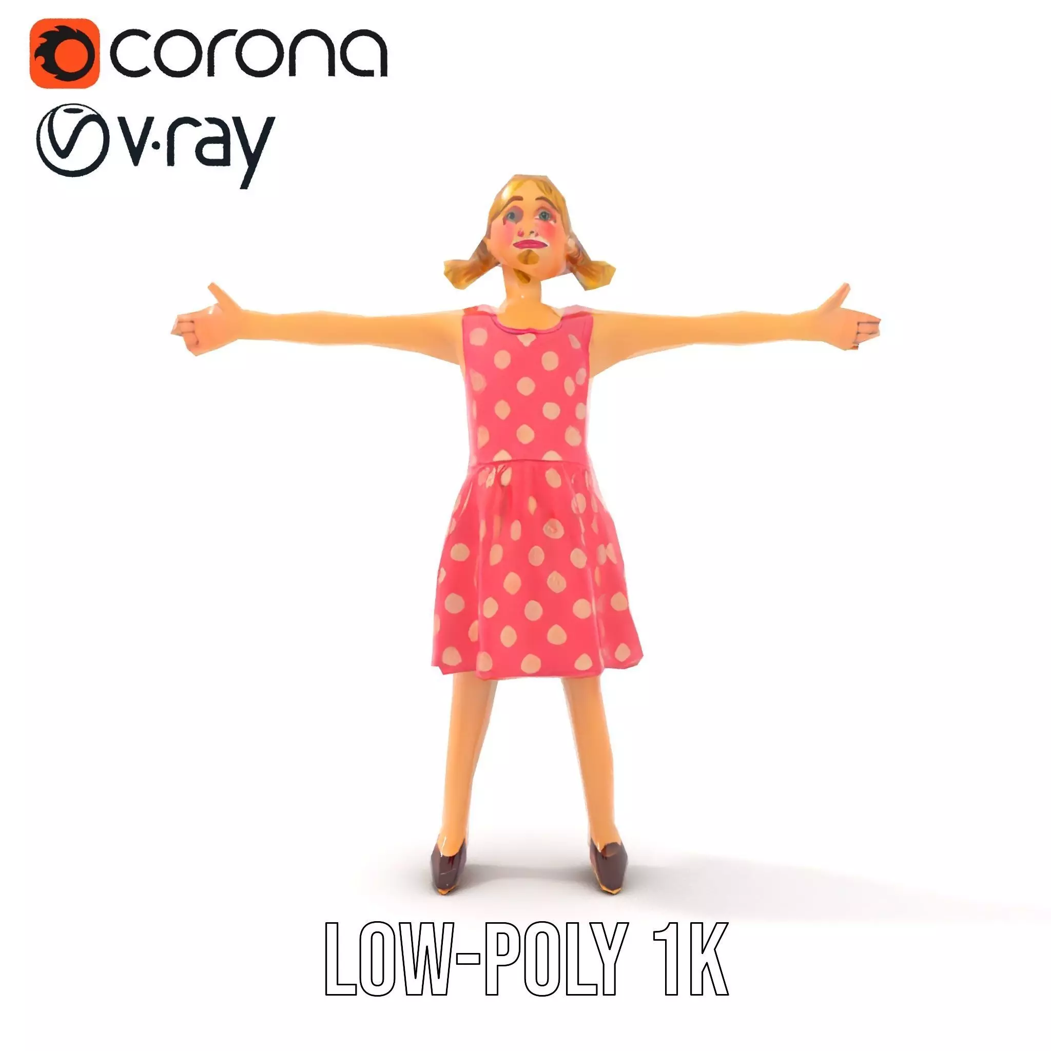 Child Character Model Pack with Pink Polka Dot Dress Low-poly 3D model_12