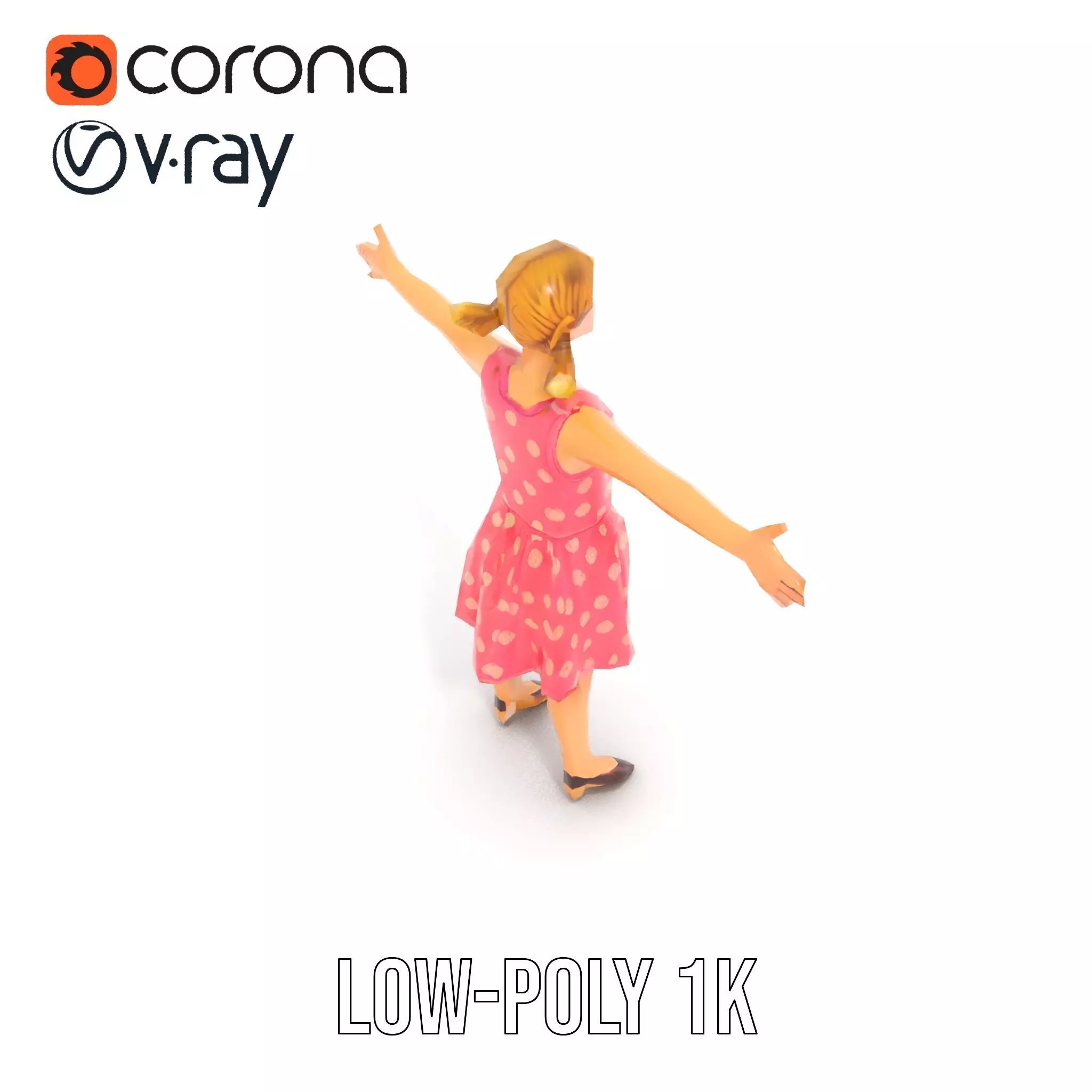 Child Character Model Pack with Pink Polka Dot Dress Low-poly 3D model_9