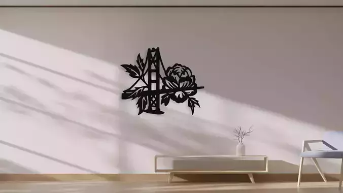 Golden Gate Bridge with Rose Flower Wall Art Decor