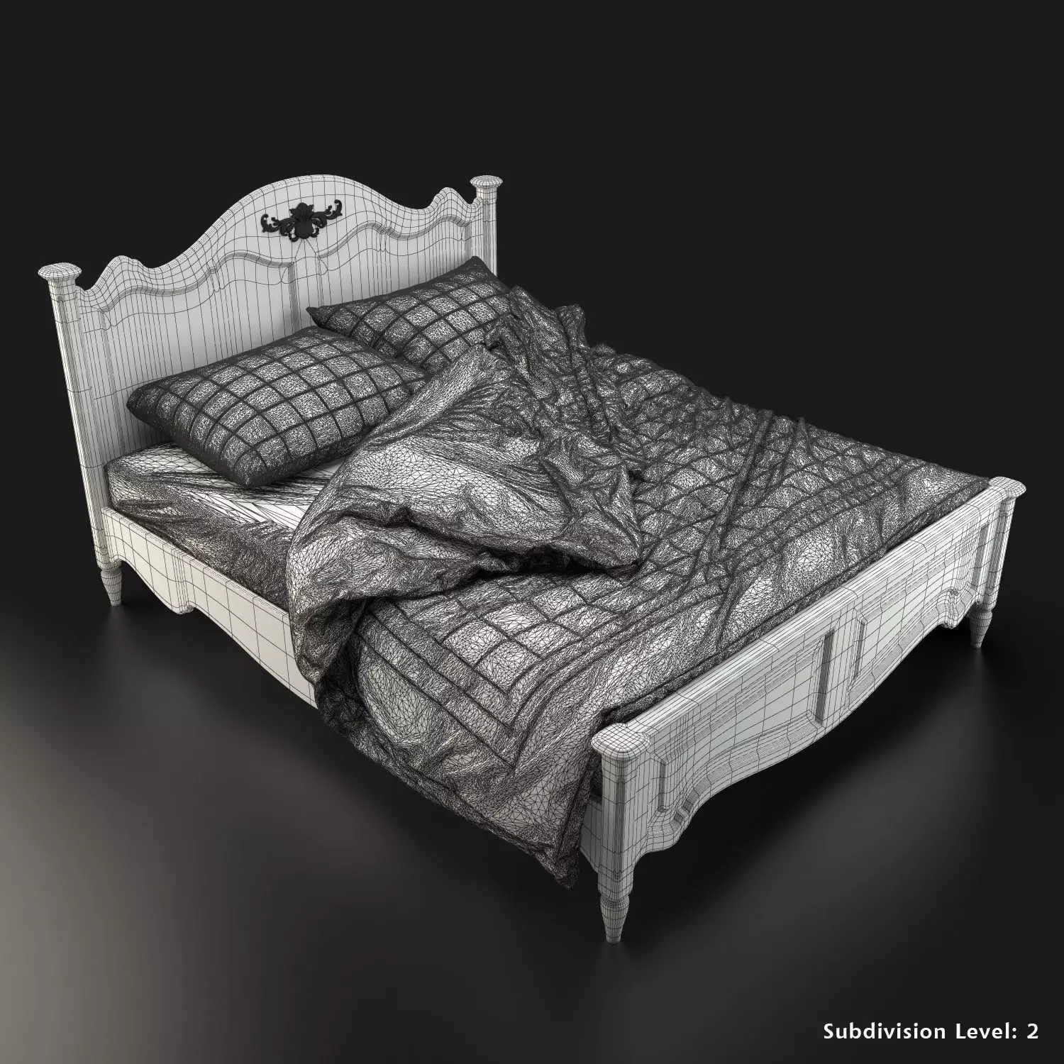 Antique-Style Bed with Realistic Bedding 3D model_12