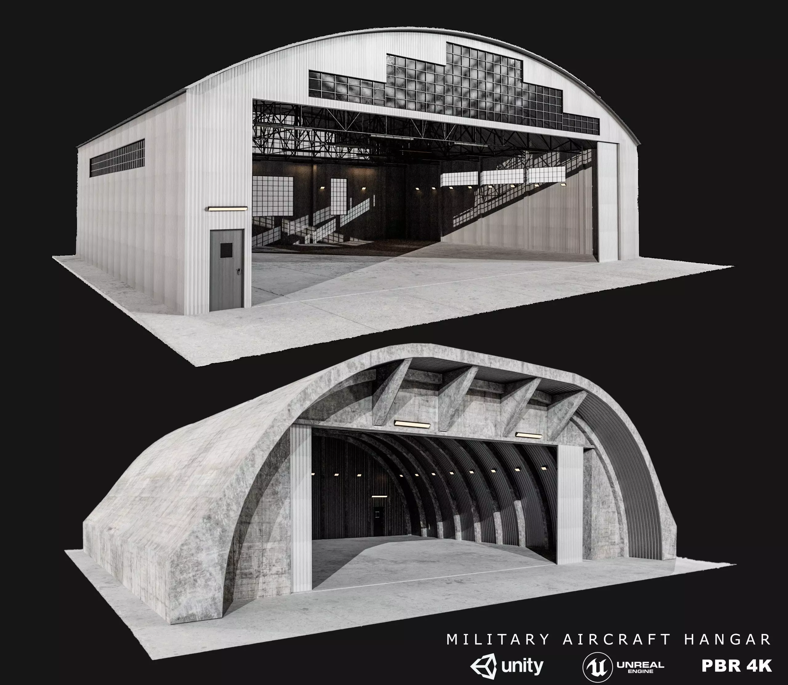 Military Aircraft Hangar 2 Types Low-poly 3D model_3
