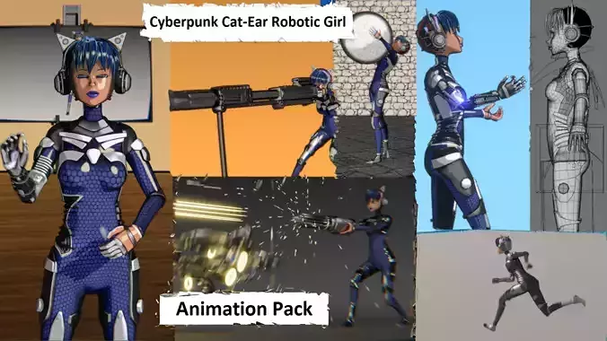 Cyberpunk Cat Ear Robotic Girl Animation Pack Low-poly 3D model