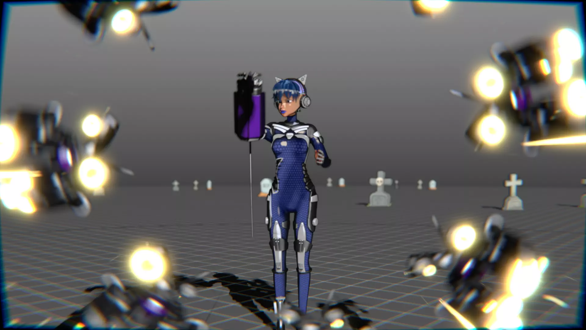 Cyberpunk Cat Ear Robotic Girl Animation Pack Low-poly 3D model_124