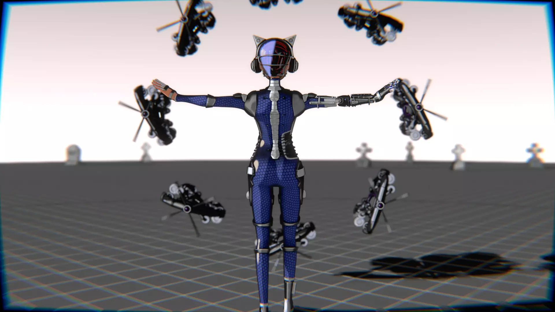 Cyberpunk Cat Ear Robotic Girl Animation Pack Low-poly 3D model_127