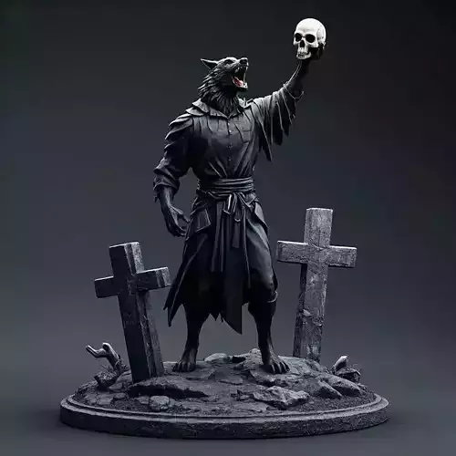 1953Howling Werewolf with Skull 3D Printed Statue 3D print model