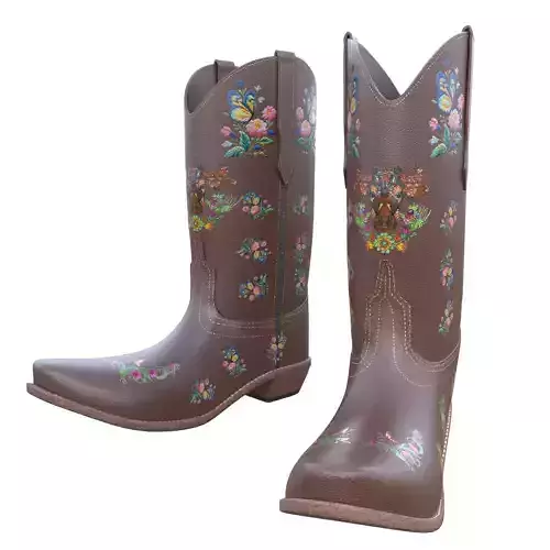 Floral Brown Cowboy Boots Leather 3D Model Low Poly PBR