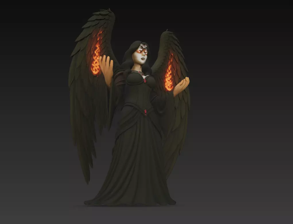 Dark Witch 3D Model - Stylized Female Character with Fire Wings 3D print model_4