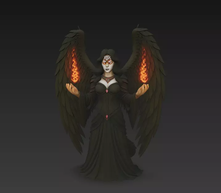 Dark Witch 3D Model - Stylized Female Character with Fire Wings 3D print model_6
