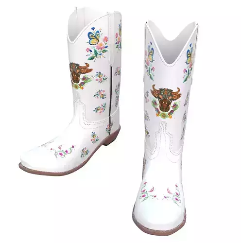 Floral White Cowboy Boots Leather 3D Model  Low Poly PBR 