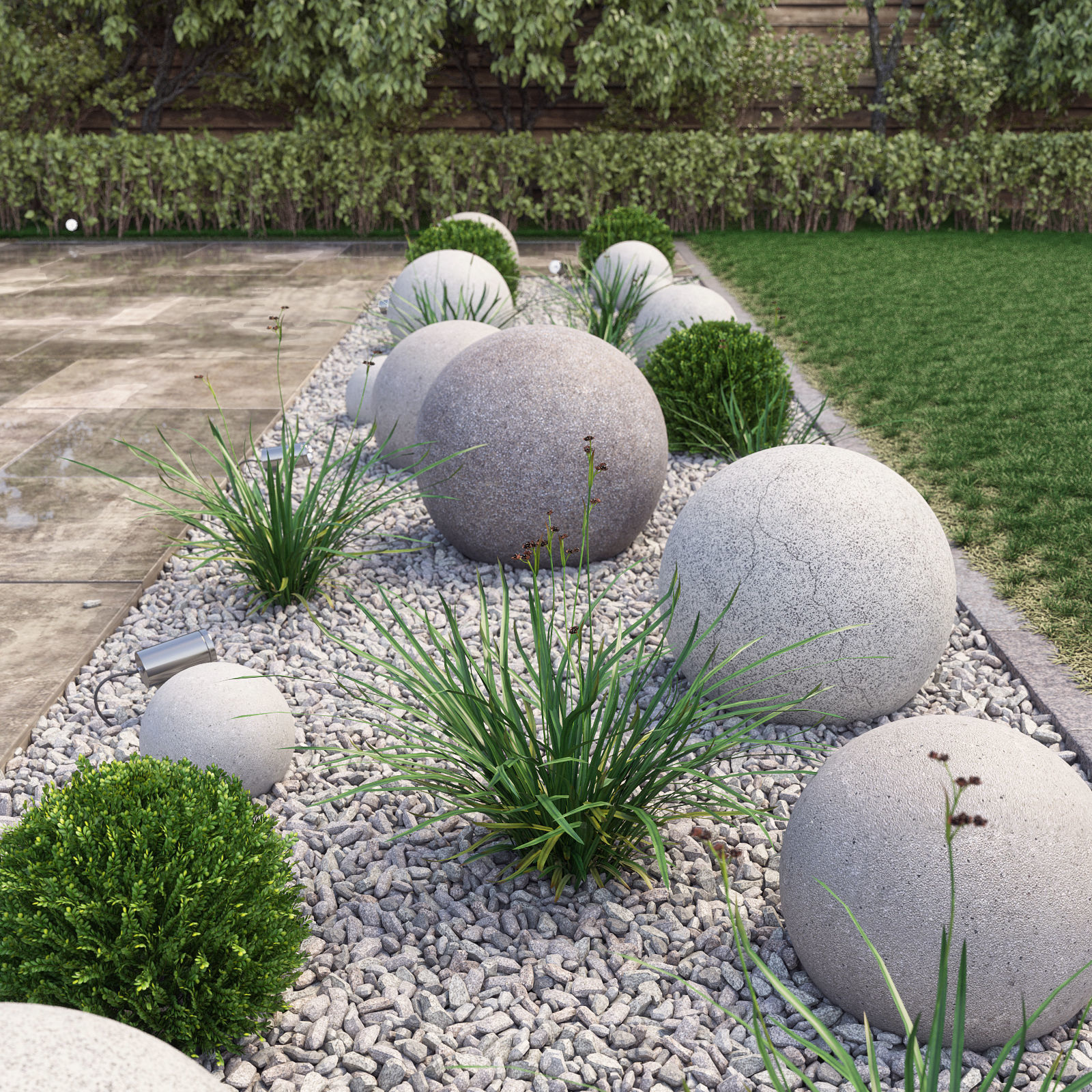 Flowerbed garden with stone balls 3D model_2