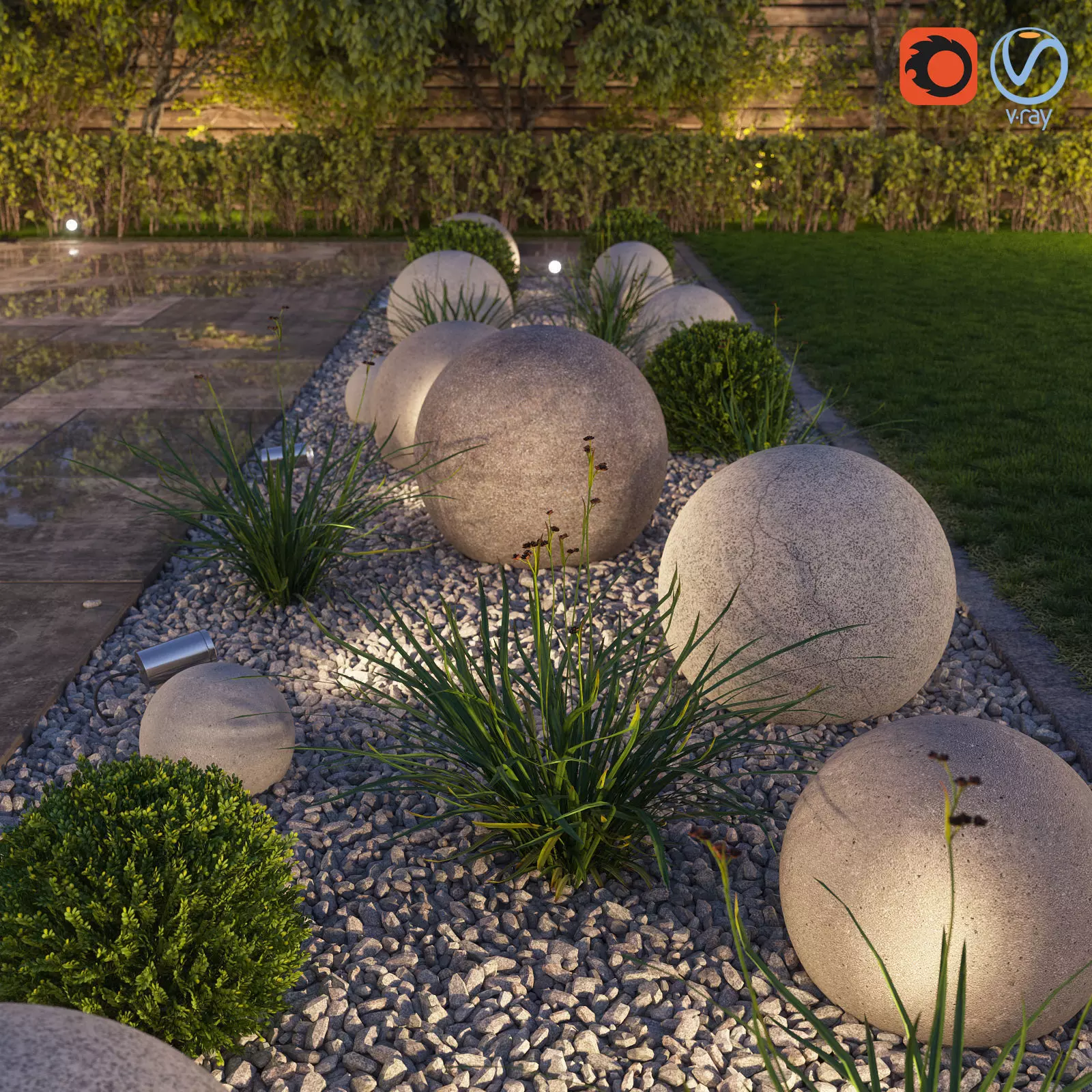 Flowerbed garden with stone balls 3D model_0