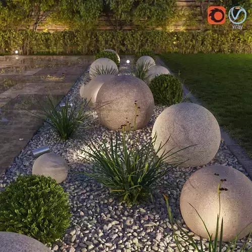 Flowerbed garden with stone balls 3D model