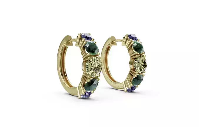Gold Hoop Earrings with Multicolor Gemstones 3D Jewelry Model