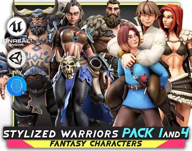 Pack 1 and 4 - Stylized Characters Warriors - 73 Low-poly 3D model
