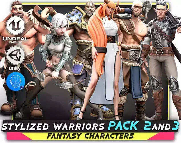 Pack 2 and 3 - Stylized Characters Warriors - 74 Low-poly 3D model