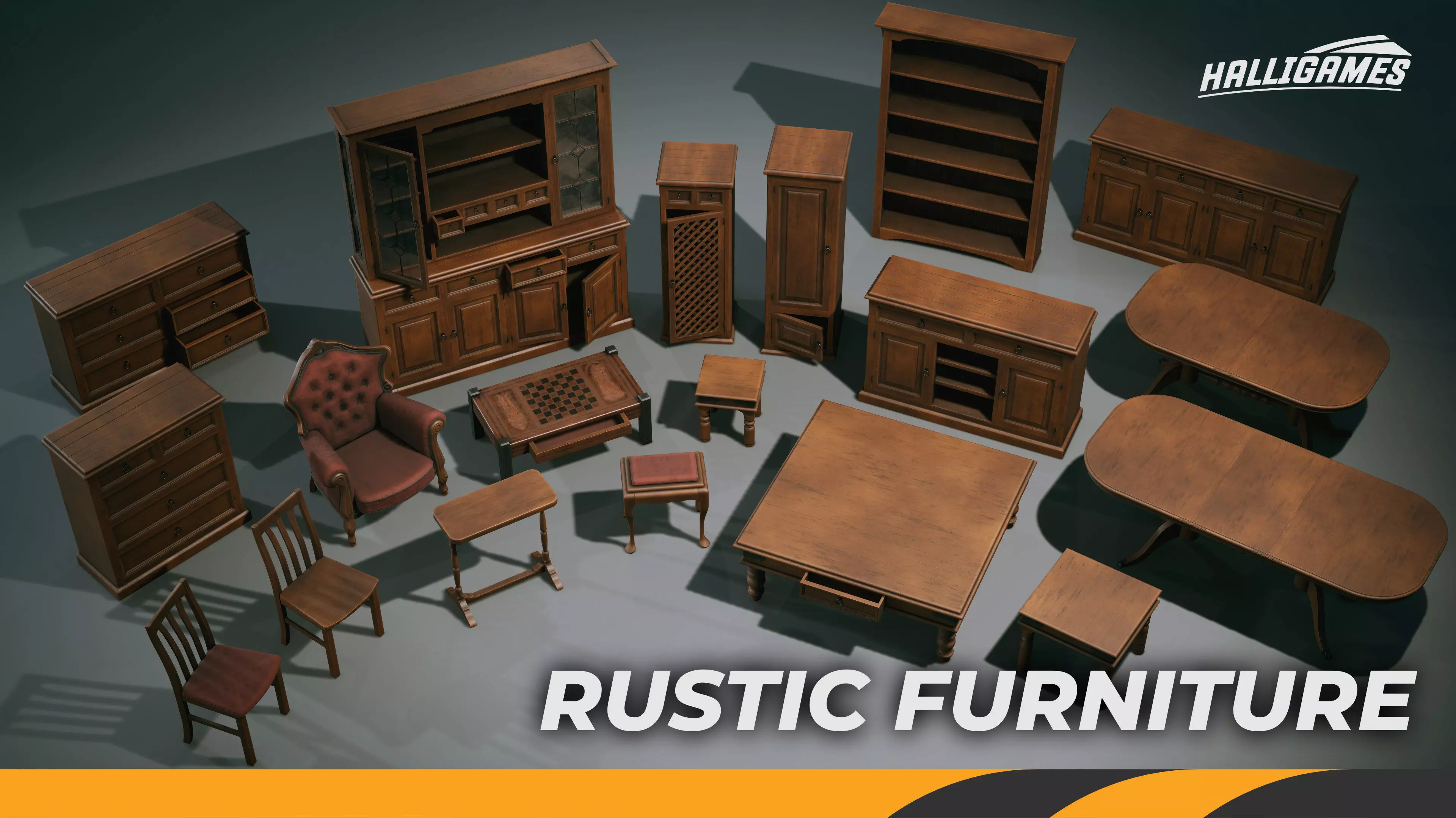 Rustic Furniture Pack Low-poly 3D model_0