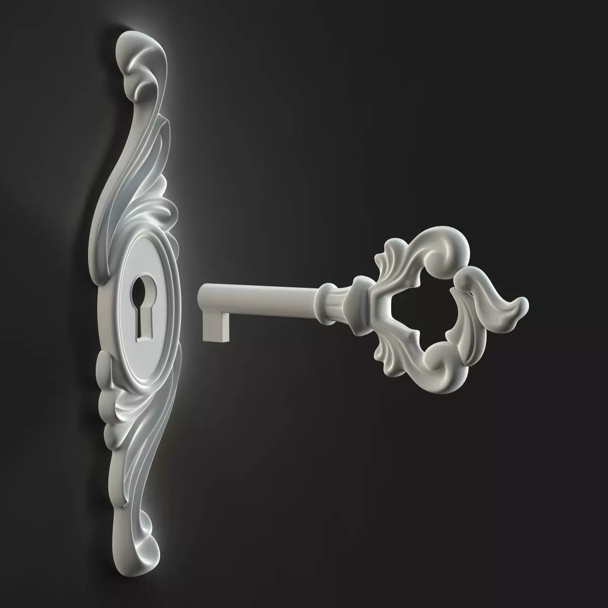 Antique Style Key with Decorative Escutcheon 3D model_0