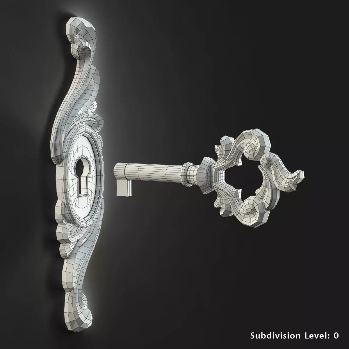 Antique Style Key with Decorative Escutcheon 3D model_5