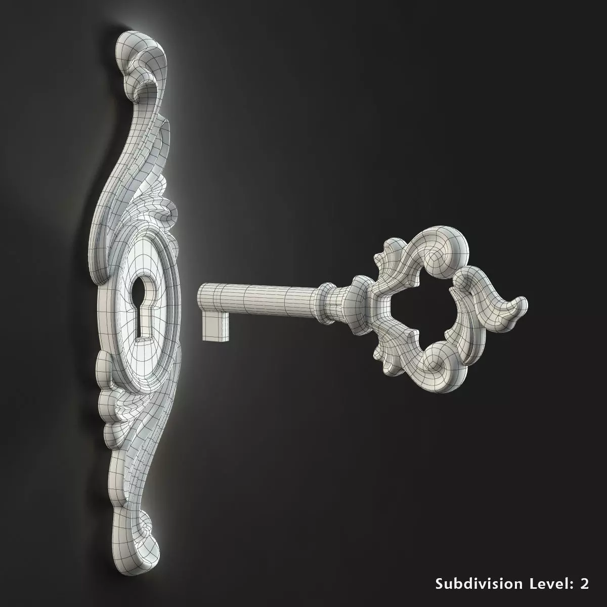 Antique Style Key with Decorative Escutcheon 3D model_4