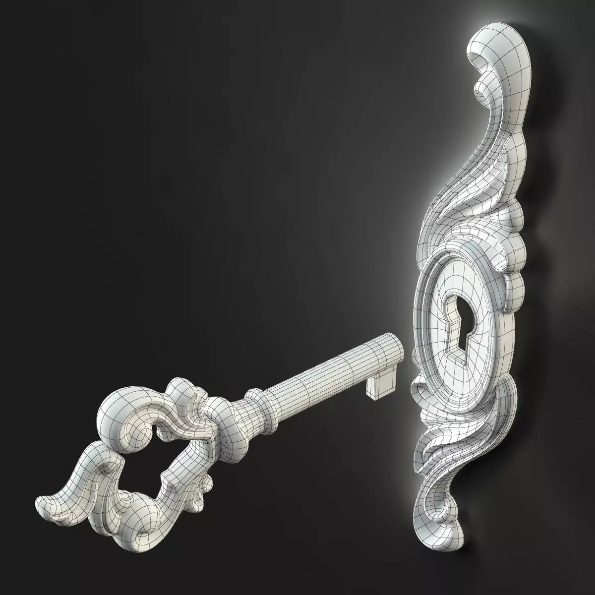 Antique Style Key with Decorative Escutcheon 3D model_6
