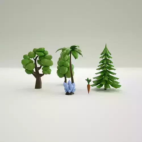 Low-profile cartoon pine tree plant with carrot 3D model