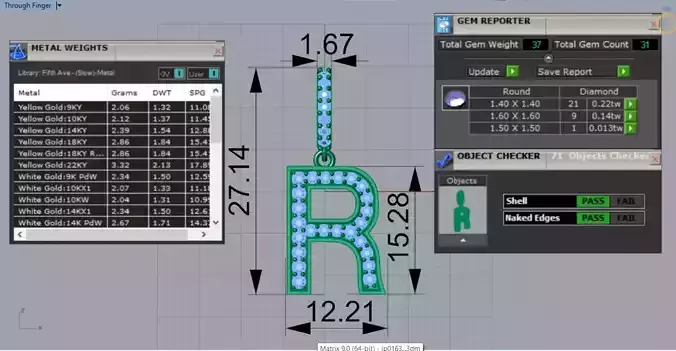 Yellow Gold Letter R STL 3D Pendant with Diamonds Model jp0163